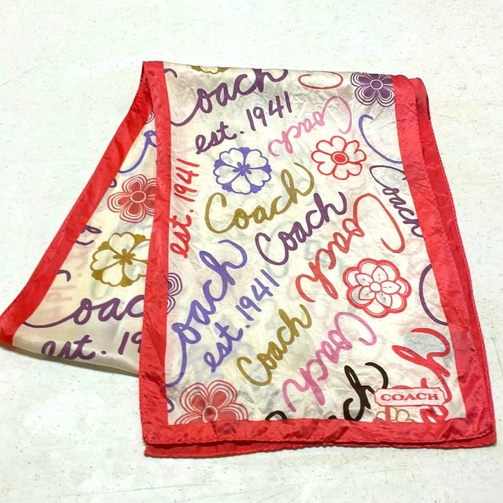 Coach Cream Silk Scarf with Red Border and Multicolor Script - Picture 2 of 9
